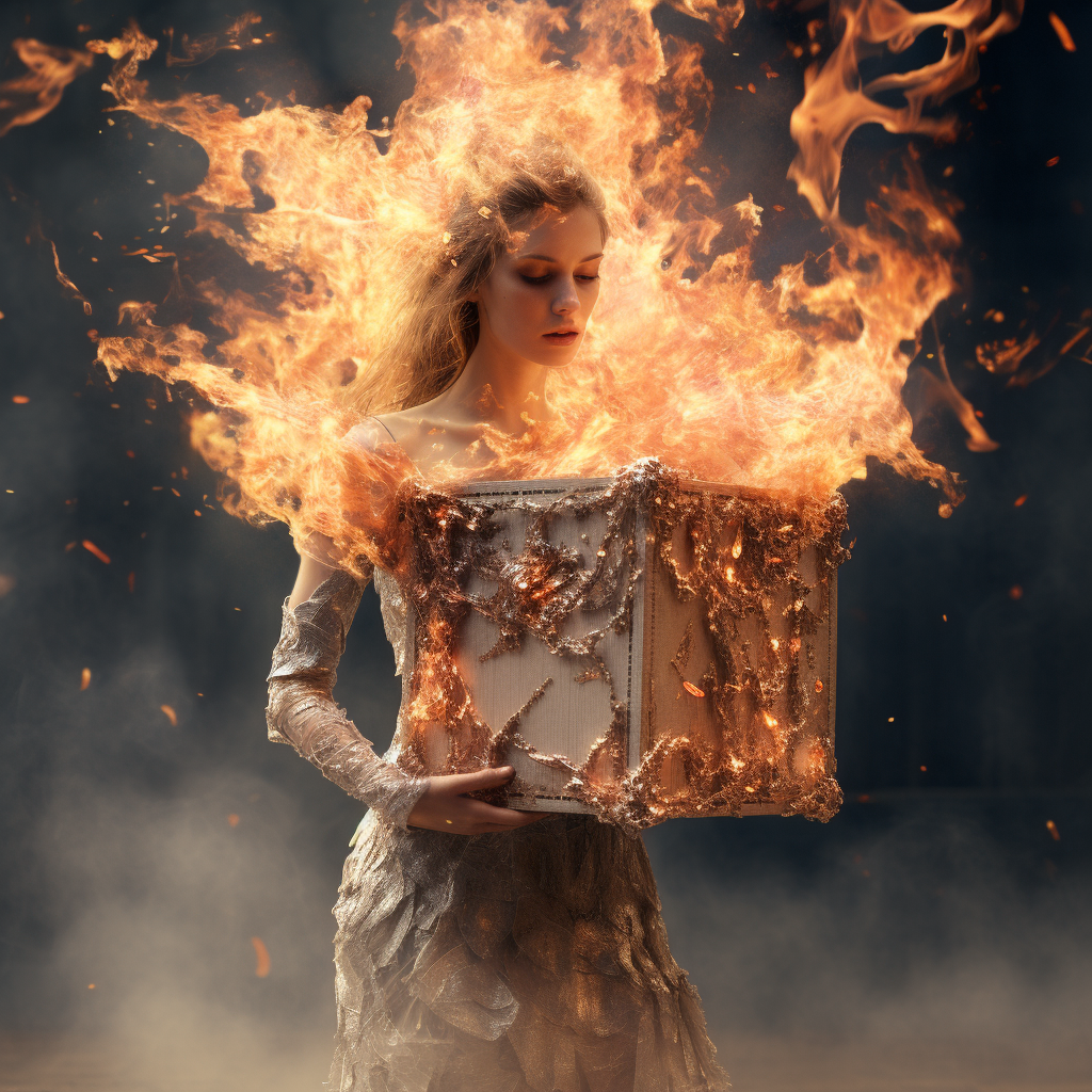 A woman with a burning box-1