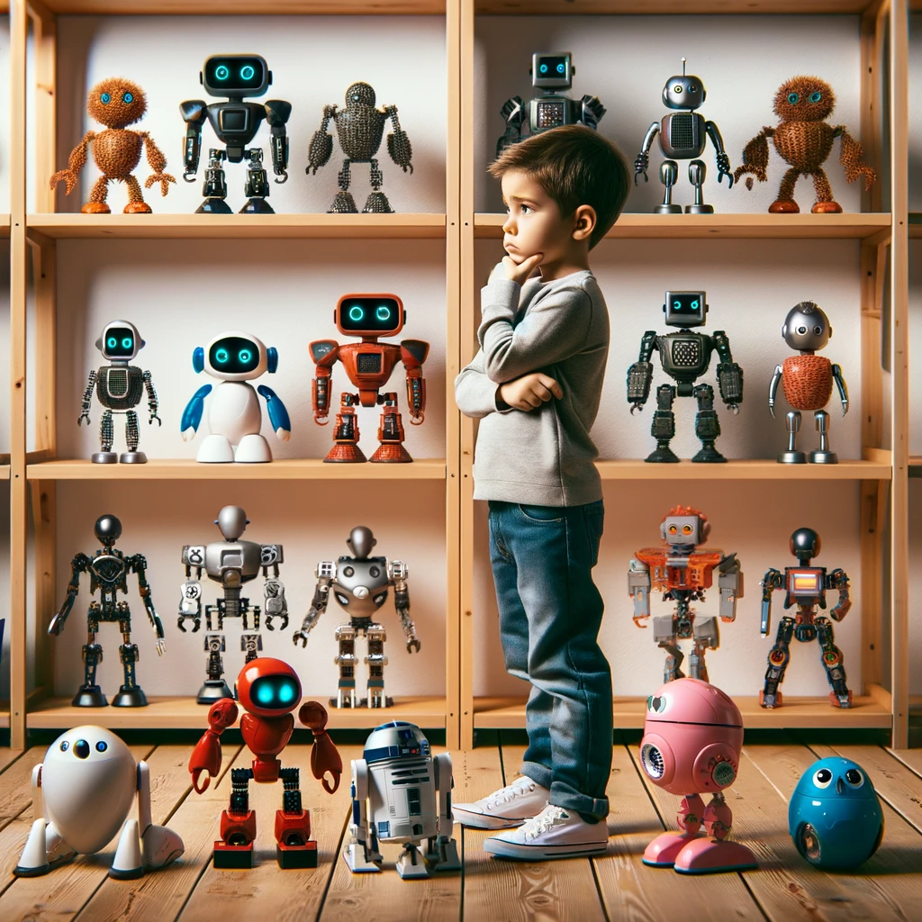 DALL·E 2024-05-05 21.14.07 - A child is standing thoughtfully in front of a selection of mechanical toys and robots, representing different AI strategies. The child looks intrigue-1