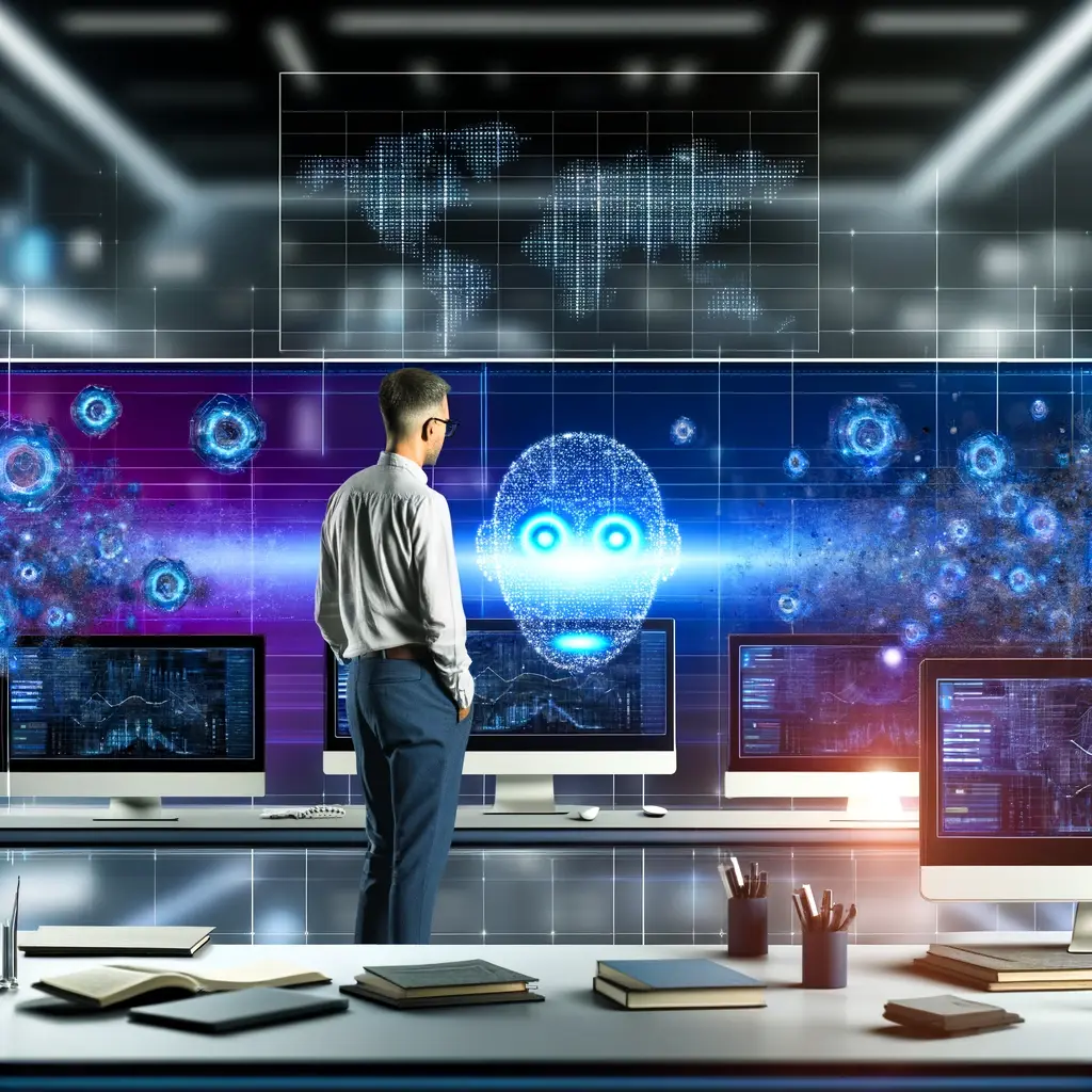 A conceptual image showing an analyst studying large computer screens filled with complex graphs and data streams, representing an AI GAP analysis. Th-3