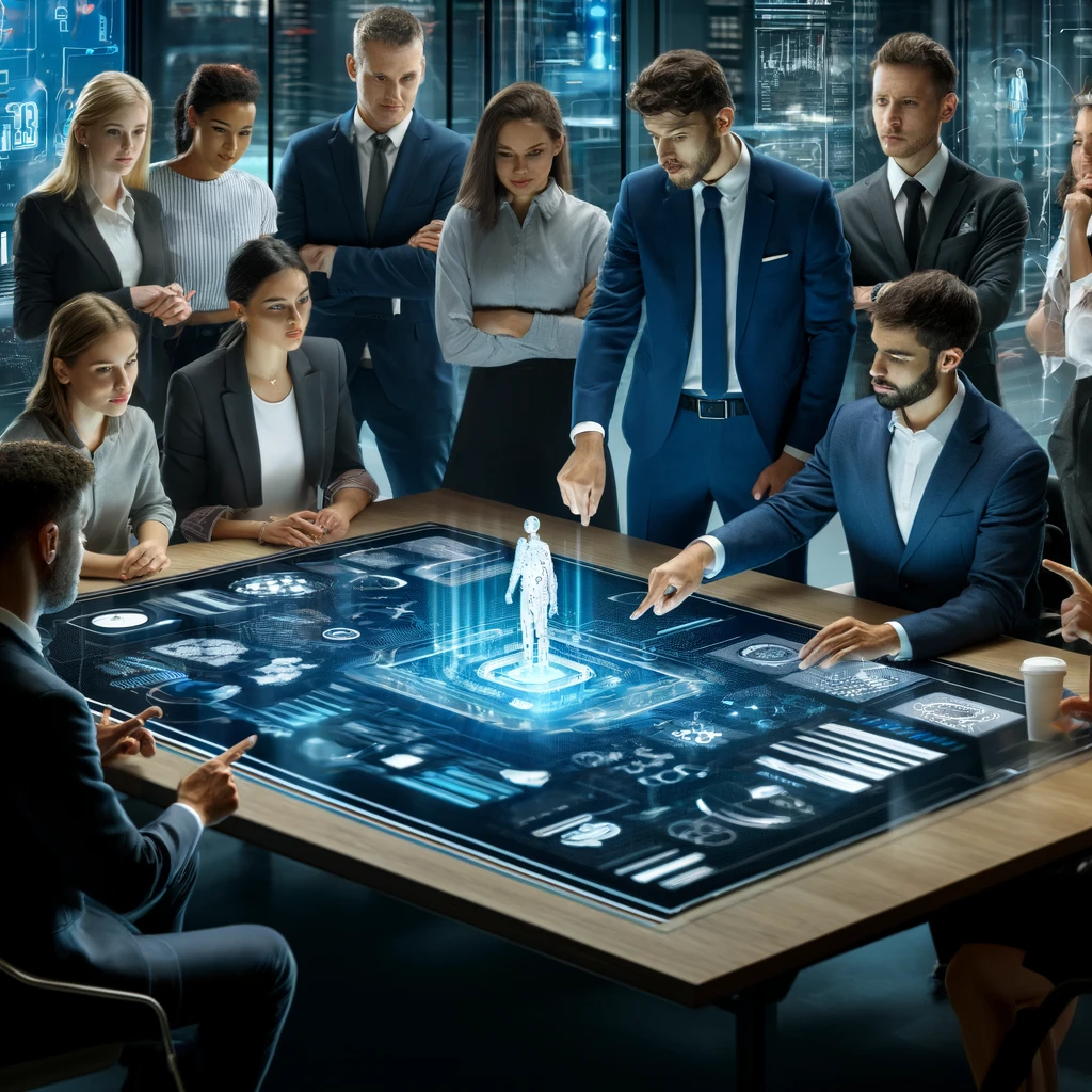 A high-tech office scene where a diverse group of professionals are engaged in a workshop. They are gathered around a high-tech digital table displayi