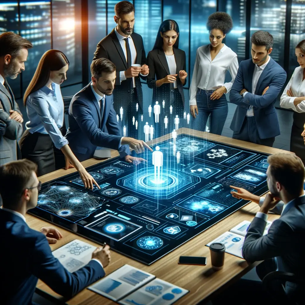 DALL·E 2024-05-20 20.35.41 - A high-tech office scene where a diverse group of professionals are engaged in a workshop. They are gathered around a high-tech digital table displayi