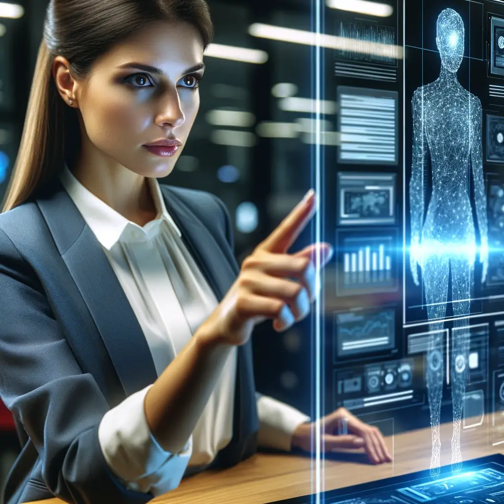 A close-up image of a professional woman standing in front of an interactive digital board during an AI workshop. She is focused on the data displayed