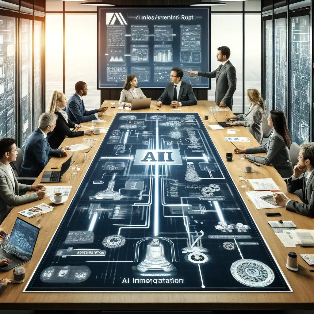 DALL·E 2024-05-20 20.40.06 - A strategic planning scene depicting a business meeting with diverse professionals around a large table, examining a detailed roadmap spread across th