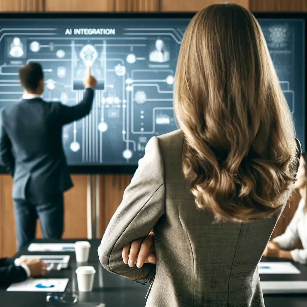A close-up view from behind of a professional woman standing and observing a strategic planning meeting. She is positioned behind a man who is pointin